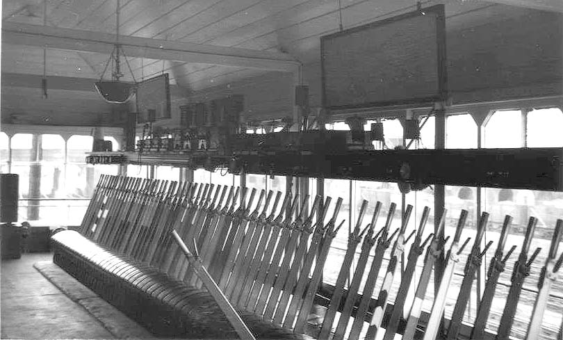 View of the inside of Saltley Junction Signal Box where unlike Washwood Heath Sidings No 1 box the frame was located at the front of the box