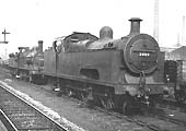 Ex-Midland Railway 0-6-4T 'Flatiron' No 2029 and ex-MR 2F 0-6-0 No 3492 are seen standing on the down goods line alongside Saltley station