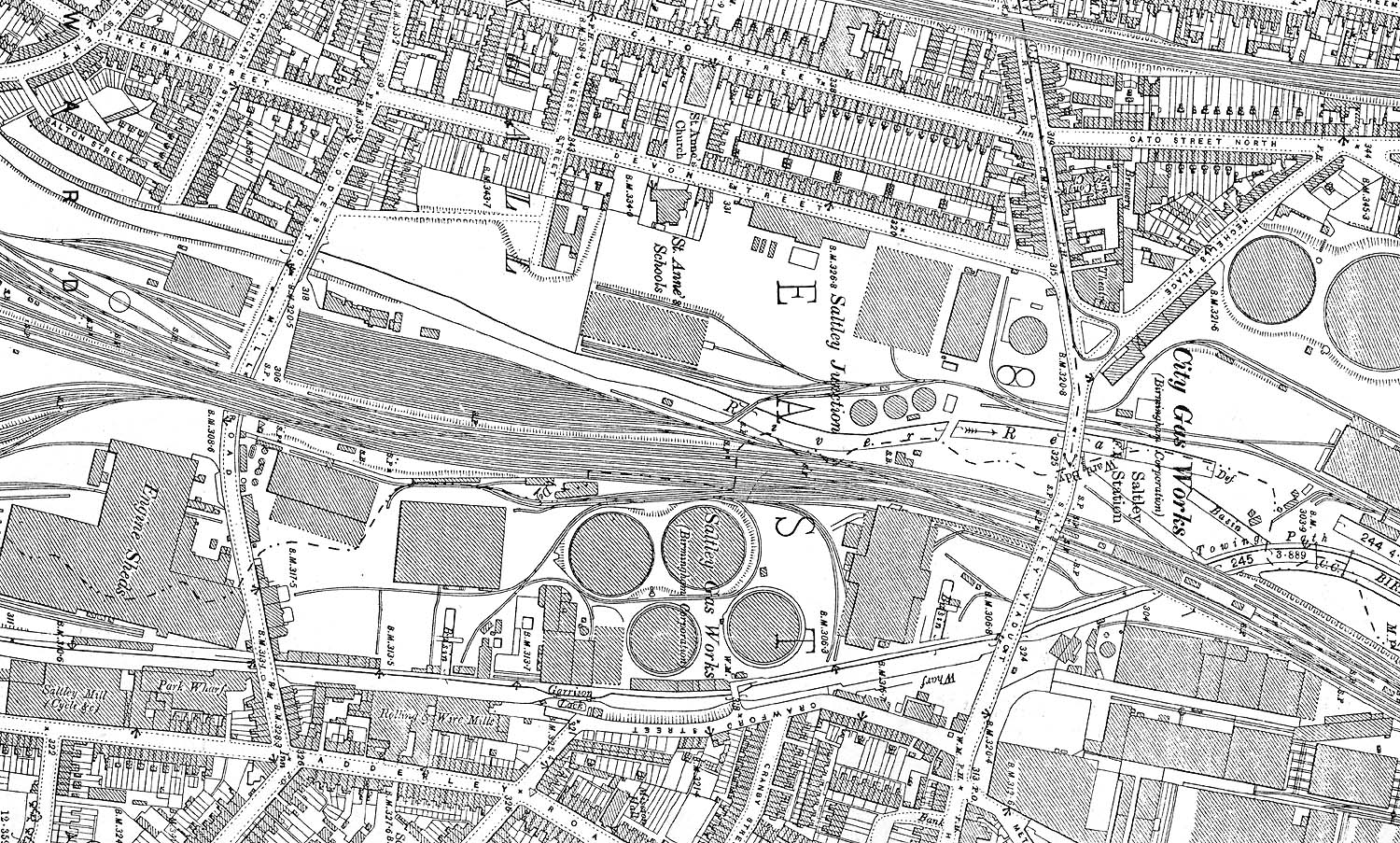 A 1912 Ordnance Survey map showing Saltley shed on the left and Saltley Viaduct in the centre with Saltley station to the right of the viaduct