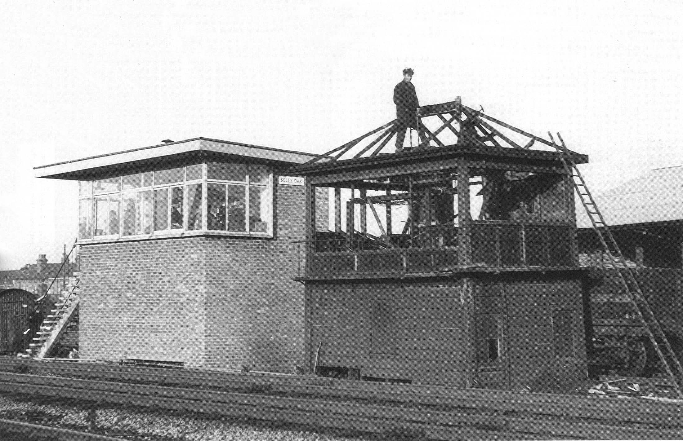 View of Selly Oak station's newly commissioned signal box and the demolition of the original 1885 structure