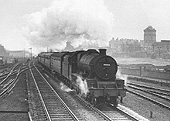 Ex-LMS 4-6-0 Jubilee Class No 45656 'Cochrane' is seen thundering past Selly Oak signal box on 14th February 1954