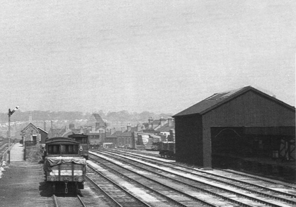 Close up showing Selly Oak station's sidings and goods shed with it's internal platform clearly evident