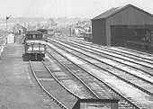 Close up showing Selly Oak station's sidings and goods shed with it's internal platform clearly evident