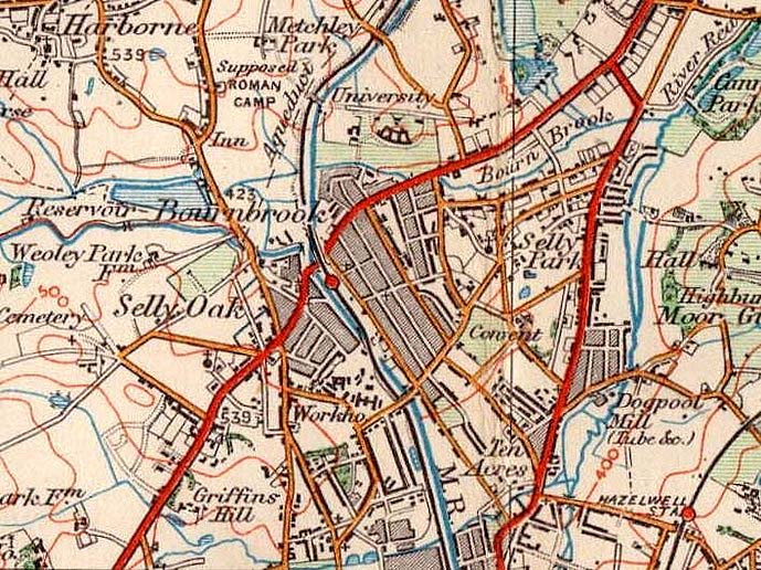 Map showing the location of Selly Oak station and its juxtaposition with the Bristol Road