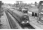 A three-car Craven DMU seen on the 15:45pm Birmingham to Peterborough service on Sunday 26th June 1966