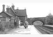 Looking towards Nuneaton along Shustoke station's up platform, which is now looking very tired, in 1949