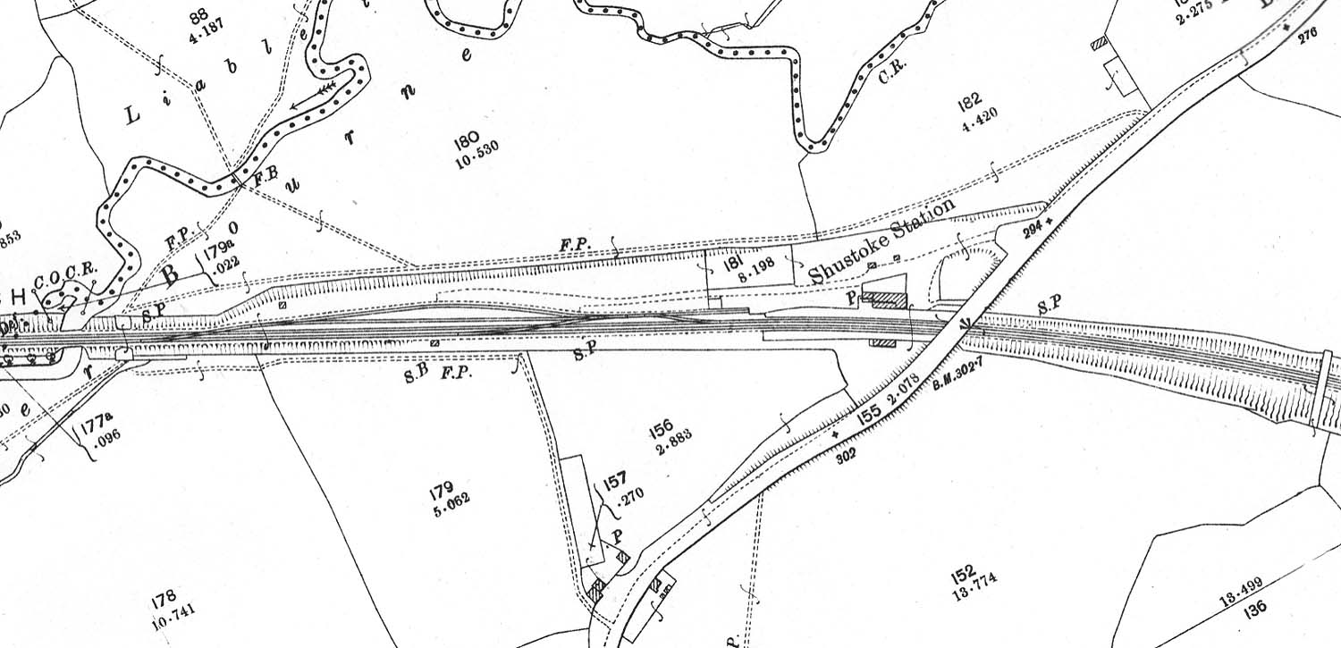 A 1902 25 inch to the mile Ordnance Survey map showing Shustoke station and two siding goods yard