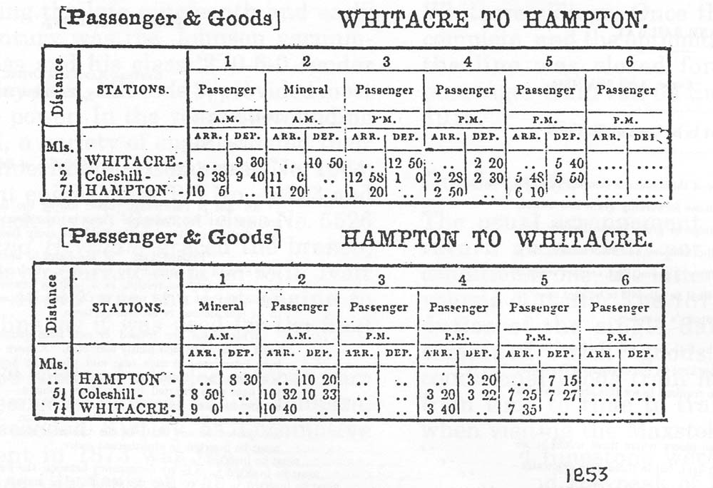 An 1853 Timetable showing five passenger trains plus one goods each way between Hampton and Whitacre