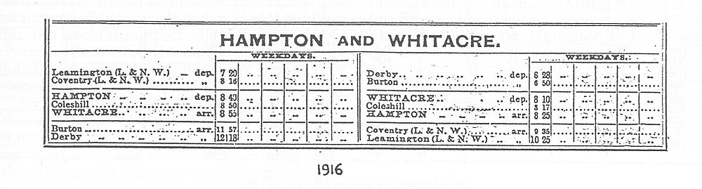 The 1916, and very last timetable, still shows just one service per day between Hampton and Whitacre
