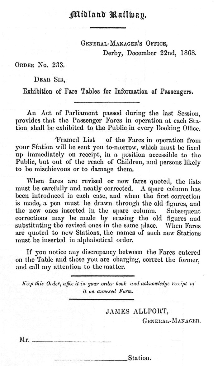 A Midland Railway Order stating that an Exhibition of Fare Tables for Passengers must now be displayed at stations
