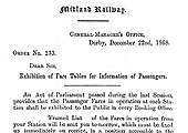 A Midland Railway Order stating that an Exhibition of Fare Tables for Passengers must now be displayed at stations