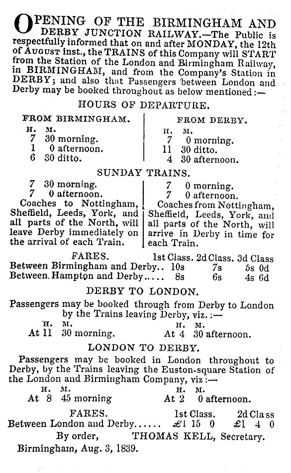 B&DJR Announcement of the opening of the railway between Birmingham and Derby via Hampton