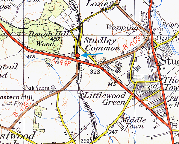 Ordnance Survey map showing the location of Studley & Astwood station in relation to adjacent villages
