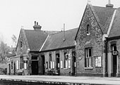 Close up of the station's booking office and hall on the left and the waiting and ladies room on the right