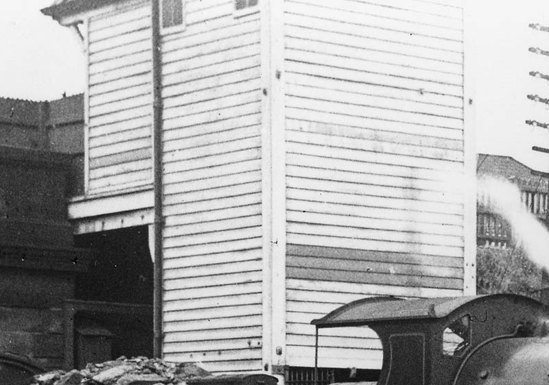 Close up showing one of the timber framed and clad lift shafts built to aid the transfer of mail between the two sets of platforms