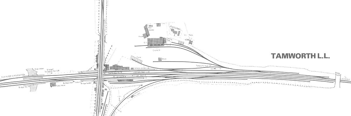 View of the layout of Tamworth's High Level Midland station and the LNWR's Low Level stations including connecting spur
