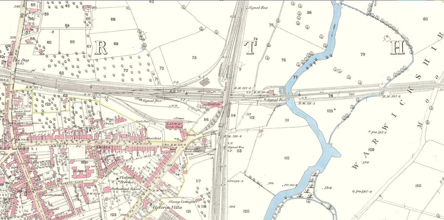 An 1883 25 inch to the mile Ordnance Survey Map showing both the LNWR and MR stations and goods yards