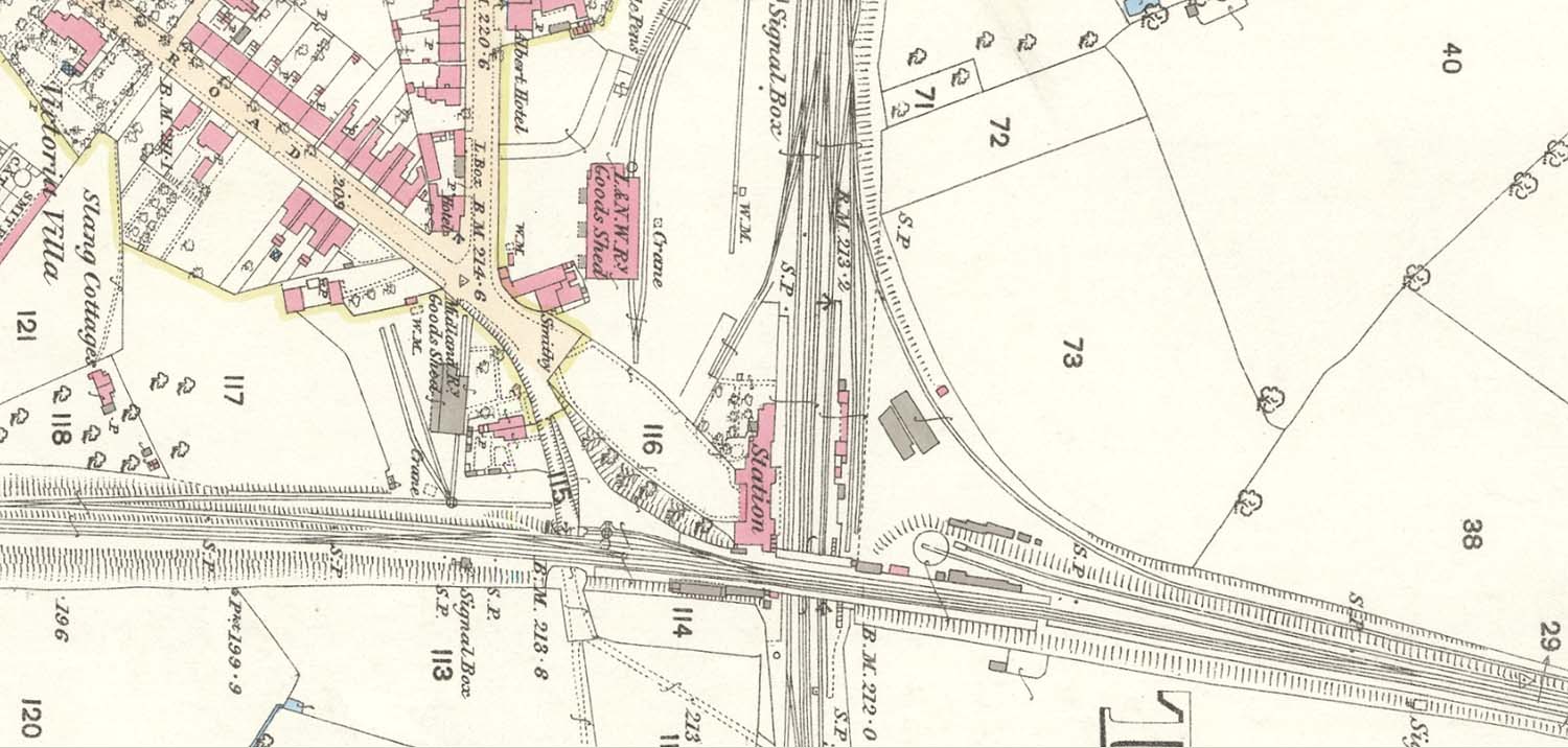 An 1883 25 inch to the mile Ordnance Survey Map showing the MR station, goods yard and turntable