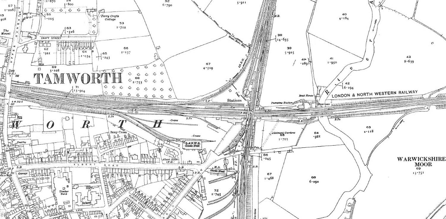 A 1921 25 inch to the mile Ordnance Survey Map showing both the LNWR and MR stations and goods yards