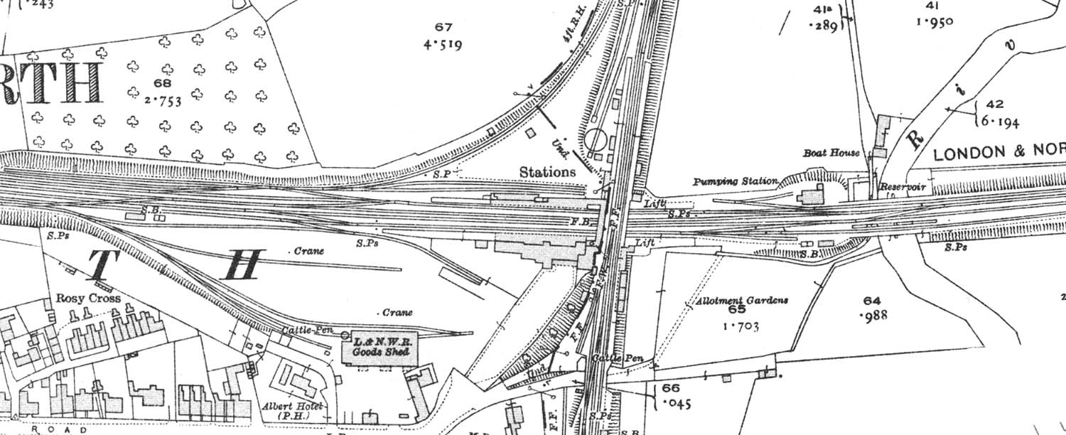 A 1921 25 inch to the mile Ordnance Survey Map showing the LNWR station, goods yard and signal cabins