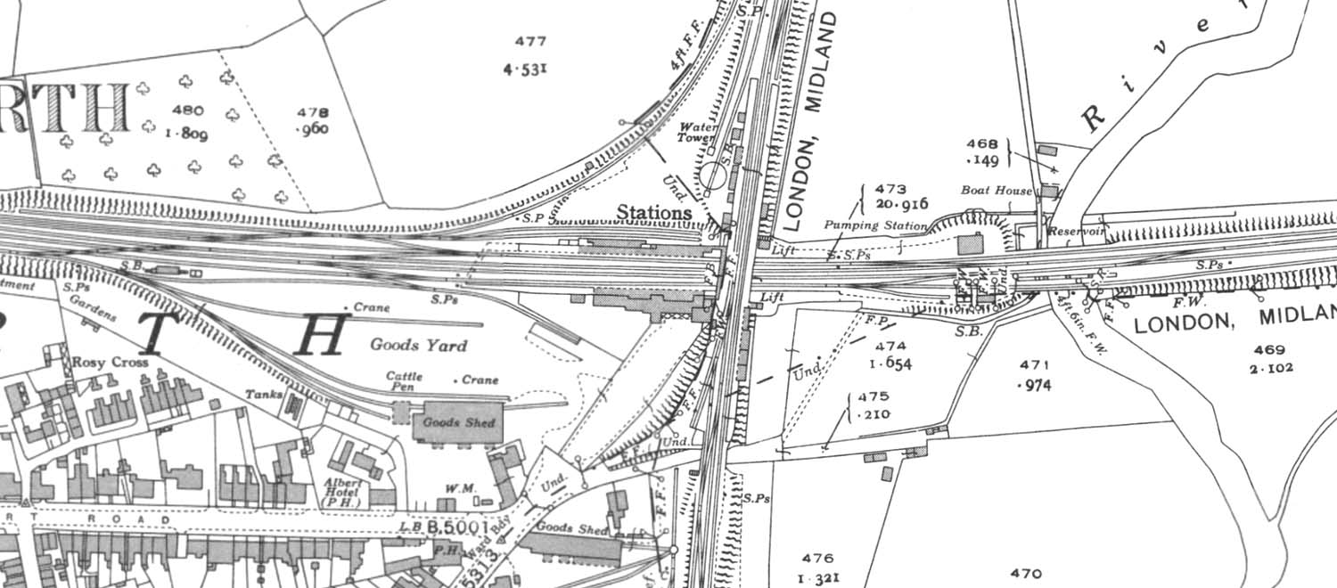 A 1938 25 inch to the mile Ordnance Survey Map showing the LNWR station, goods yard and signal cabins