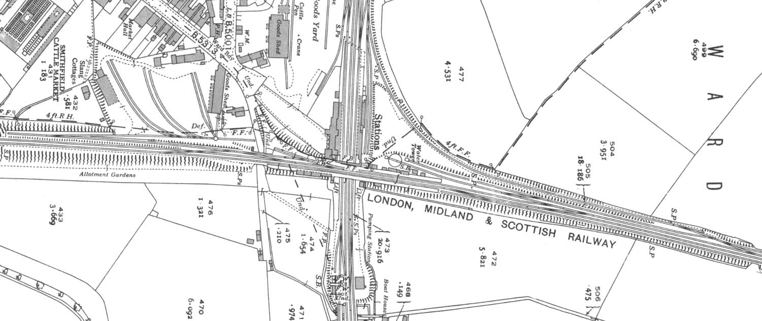 A 1938 25 inch to the mile Ordnance Survey Map showing the MR station, goods yard and turntable
