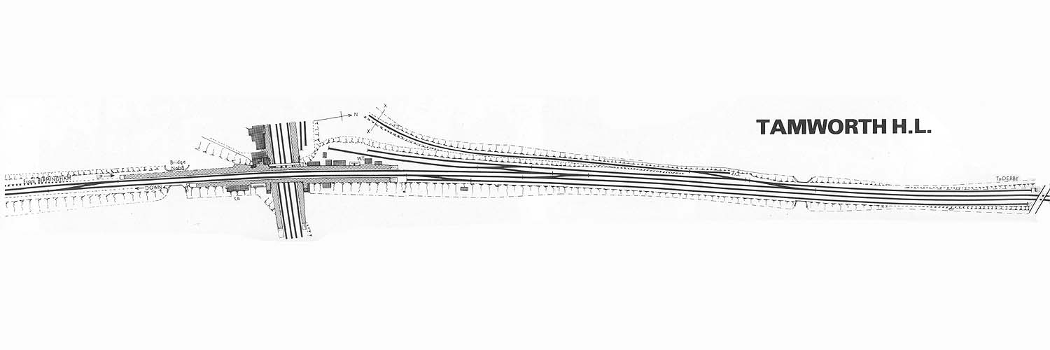 A schematic diagram of Tamworth High Level station in its 1962 rebuilt state with the up platform lengthened adjacent to the former cattle dock