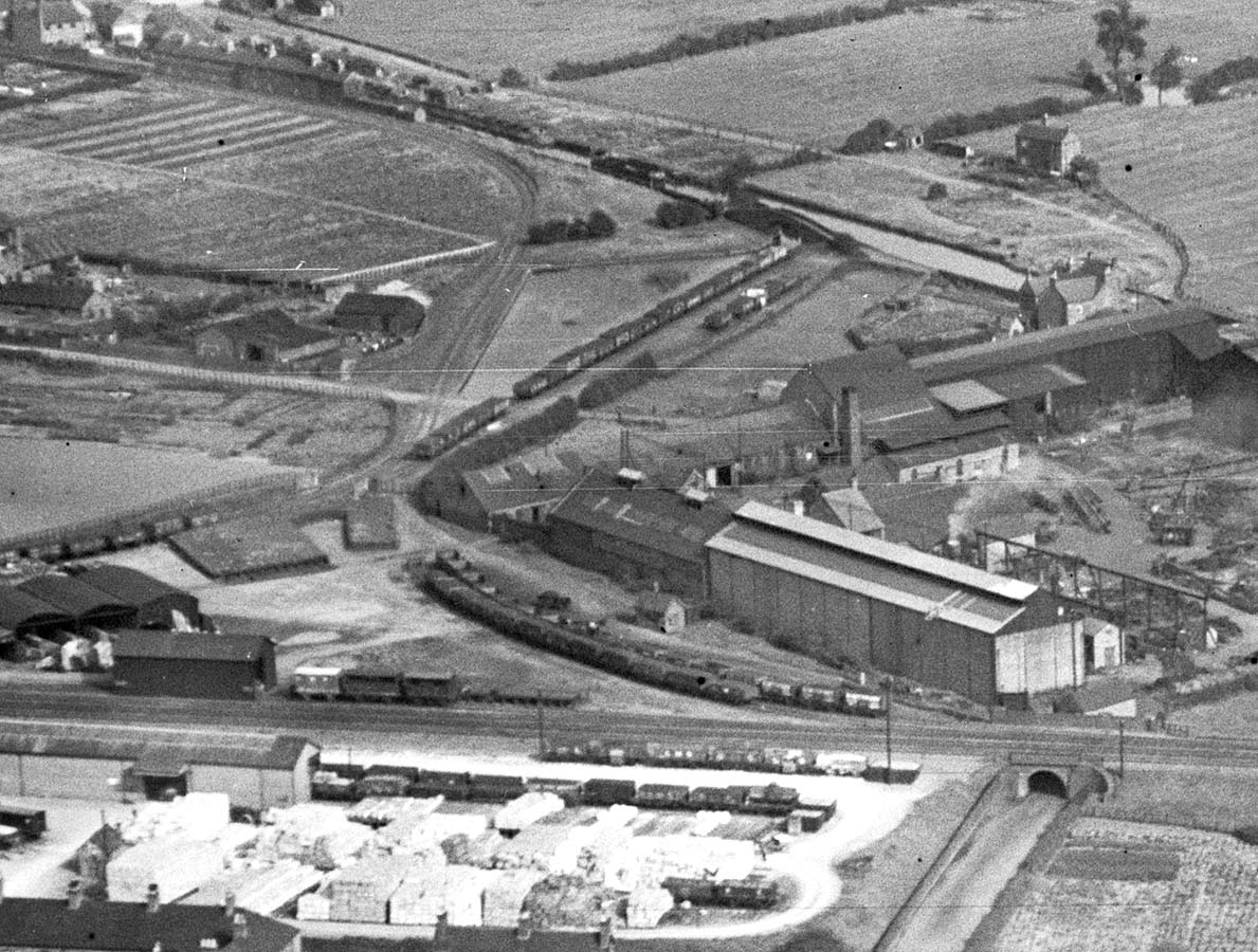 A 1929 aerial view of the Tamworth to Birmingham MR line with part of Kettlebrook Sidings seen beyond the main line