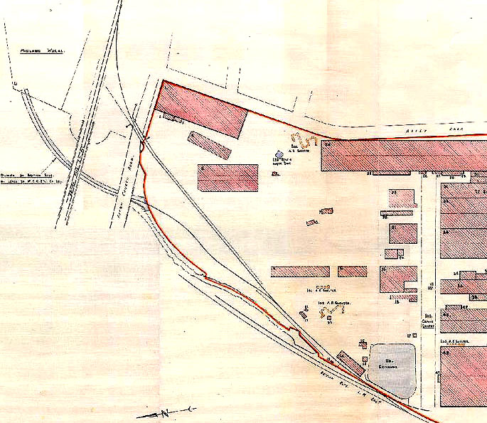 Map showing the layout of Saltley Carriage works and the two branch lines which ran from the Midland Railway