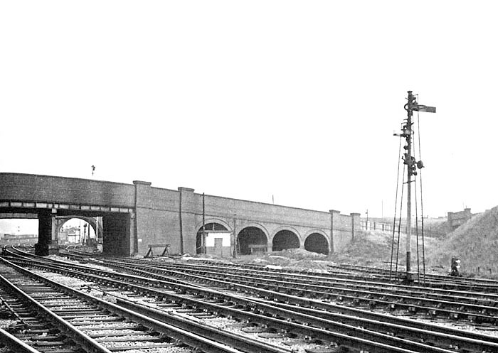 Looking towards Bromford Bridge with Aston Church Road bridge in the foreground and the bank sidings to the left and right of the signal