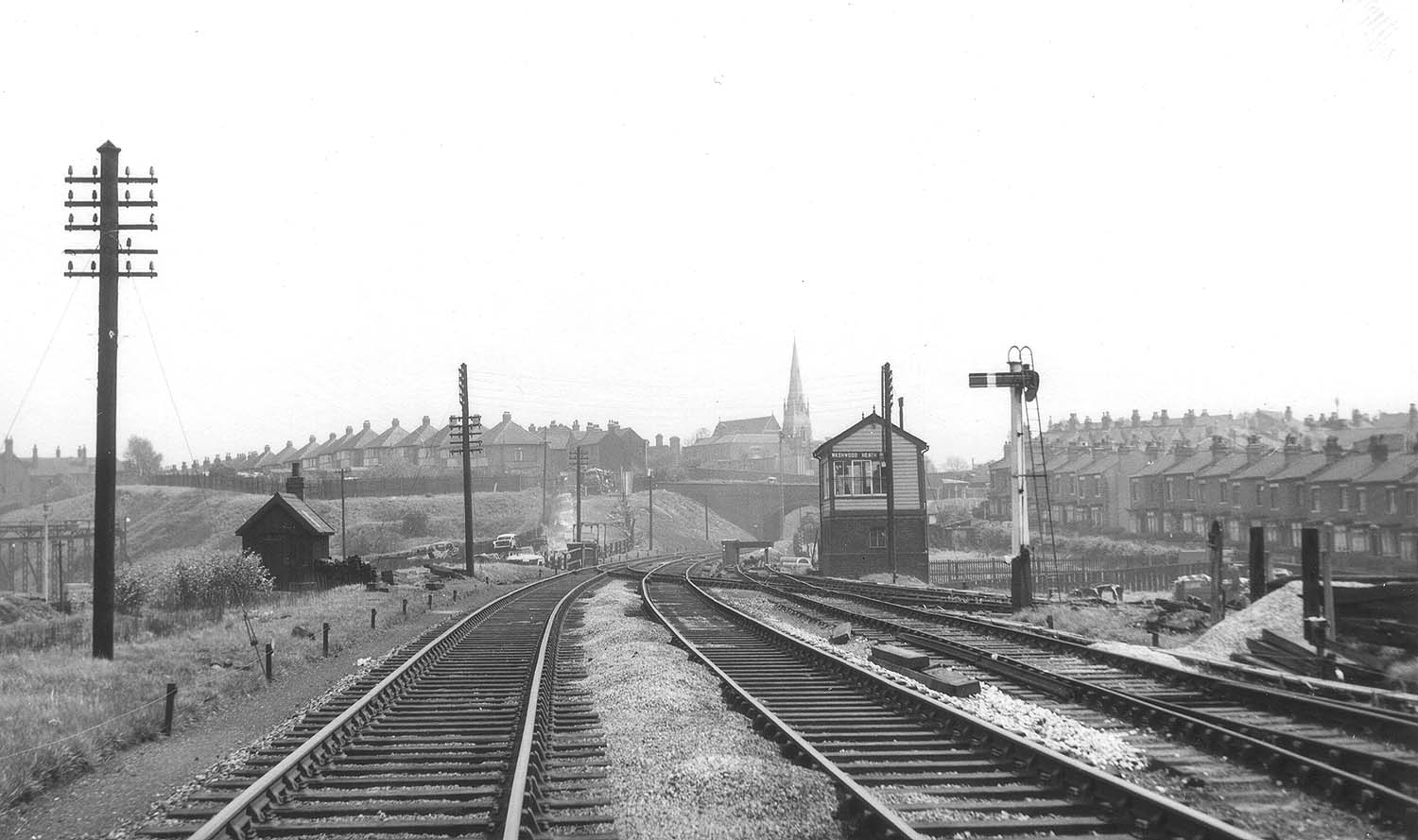 Looking towards Stechford with the former LNWR Type 4 Washwood Heath Signal Box on the left and the branch to the former Midland Railway's Derby to Birmingham line