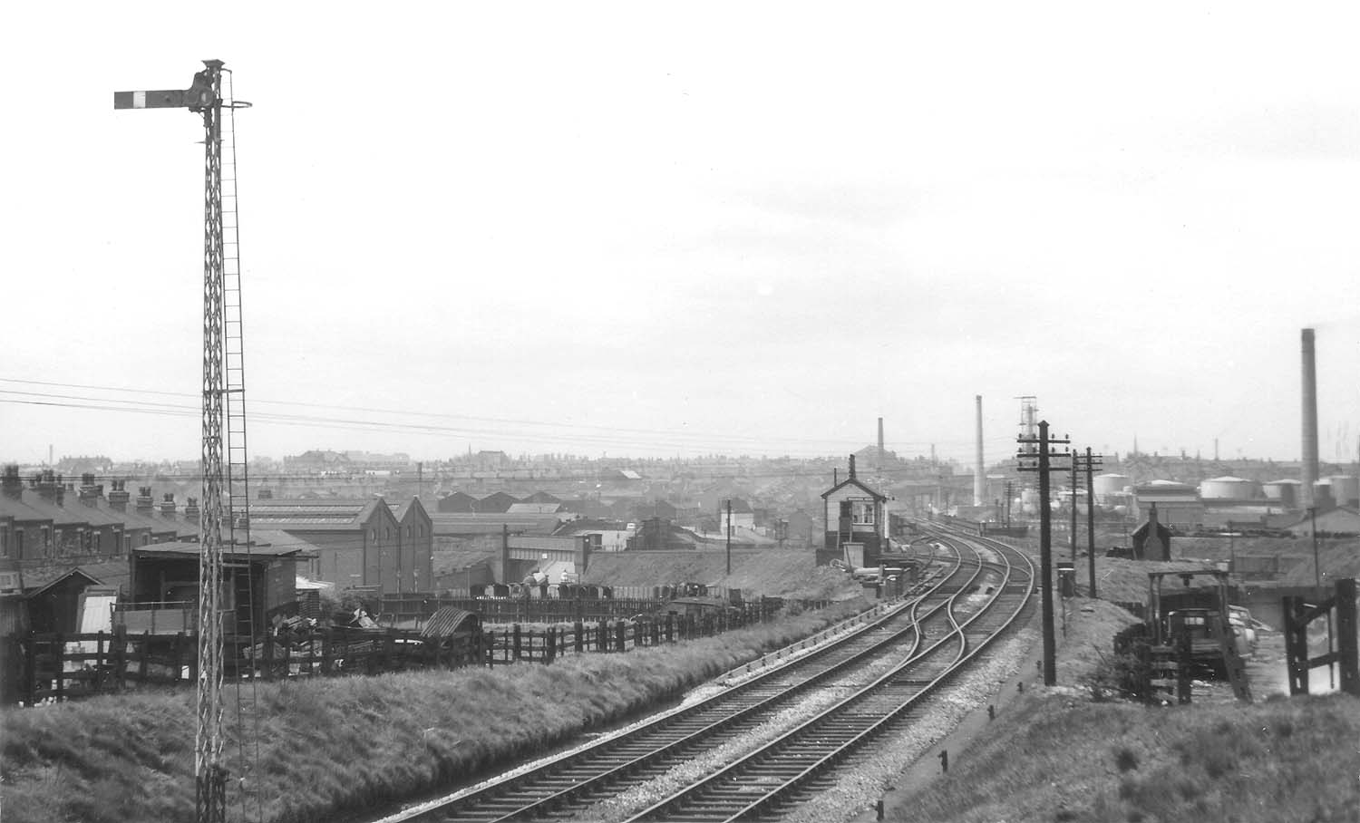 Looking along the former LNWR Aston Stechford route towards Aston showing Washwood Heath Signal Box protecting the junction to the connecting line to the former Midland Railway line