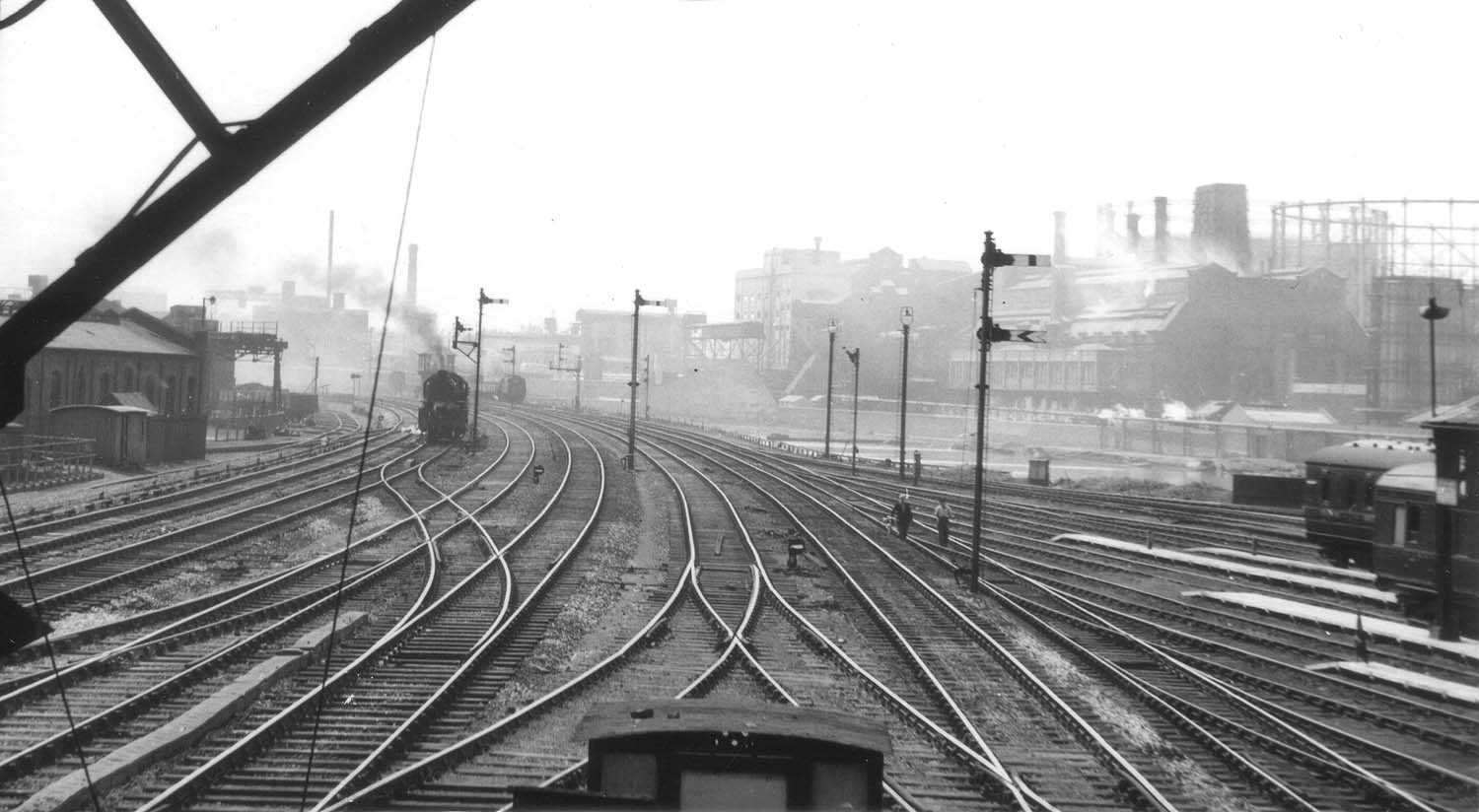 View from Washwood Heath Sidings No 1 Signal Box looking towards Saltley station with a locomotive standing at signals on the up Camp Hill line