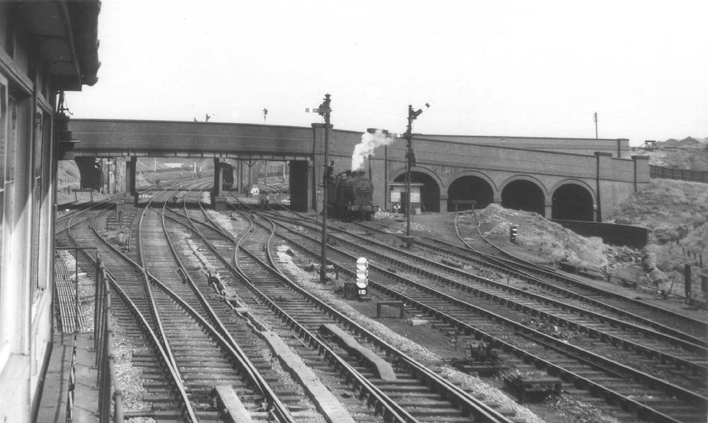Looking towards Bromford Bridge from Washwood Heath Sidings No 1 Signal Box with an unidentified ex-LMS 4F 0-6-0 standing on the bank sidings