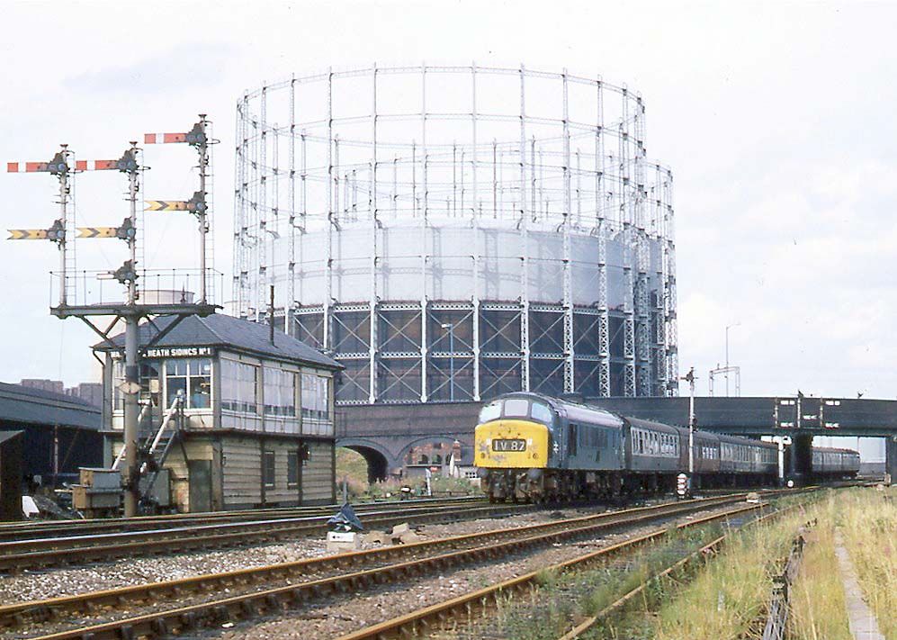 British Railways Type 4 1Co-Co1 No 82 is seen passing Washwood Heath Sidings No 1 Signal Box on a down express three weeks before the box was downgraded