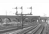 Looking towards Saltley station showing the entrance to the West end of Washwood Heath's down sidings on the left and the former LNWR bridge