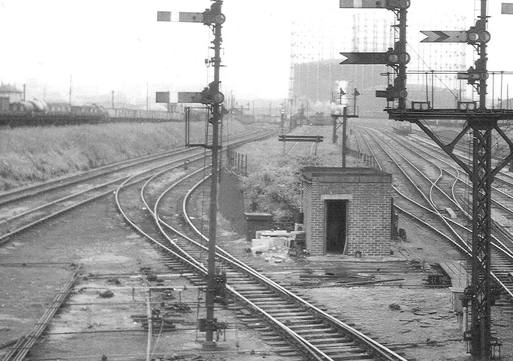 Close up showing the brick hut and behind on a raised embankment, the shunting line for the Front Fan or Goods Bank