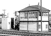 View of Washwood Heath Sidings No 3 Signal Box with No 4 signal box seen behind and the parachute water tower standing between the two