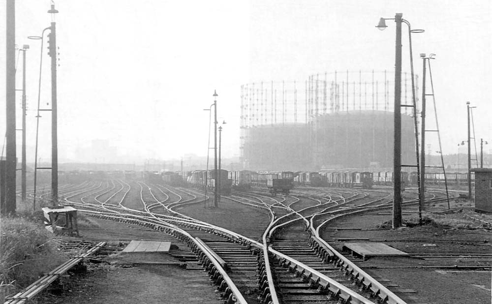 View looking towards Birmingham and the West end of Washwood Heath's down sidings with the gasometers on the other side of the Birmingham to Derby line