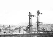 An elevated view taken from the former LNWR Aston to Stechford line looking East towards the down sidings with the MR Carriage & Wagon Works sidings to the right