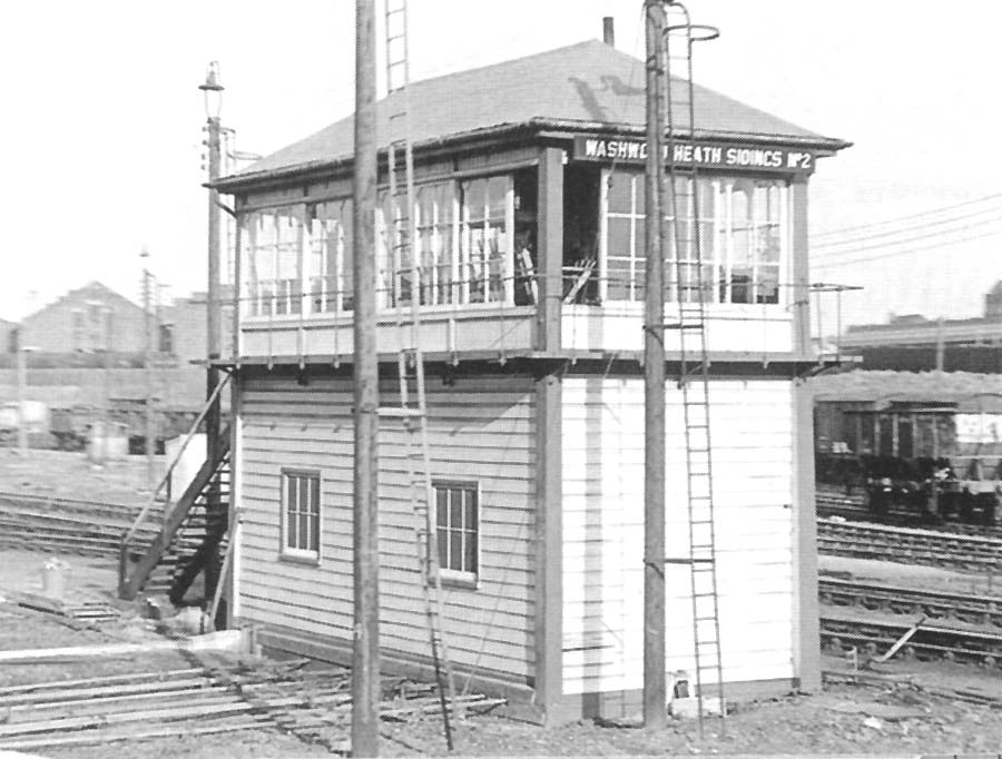 Another view of Washwood Heath Sidings No 2 Signal Box with the Stowing Sidings in the background and the Down Reception lines to the left of the box