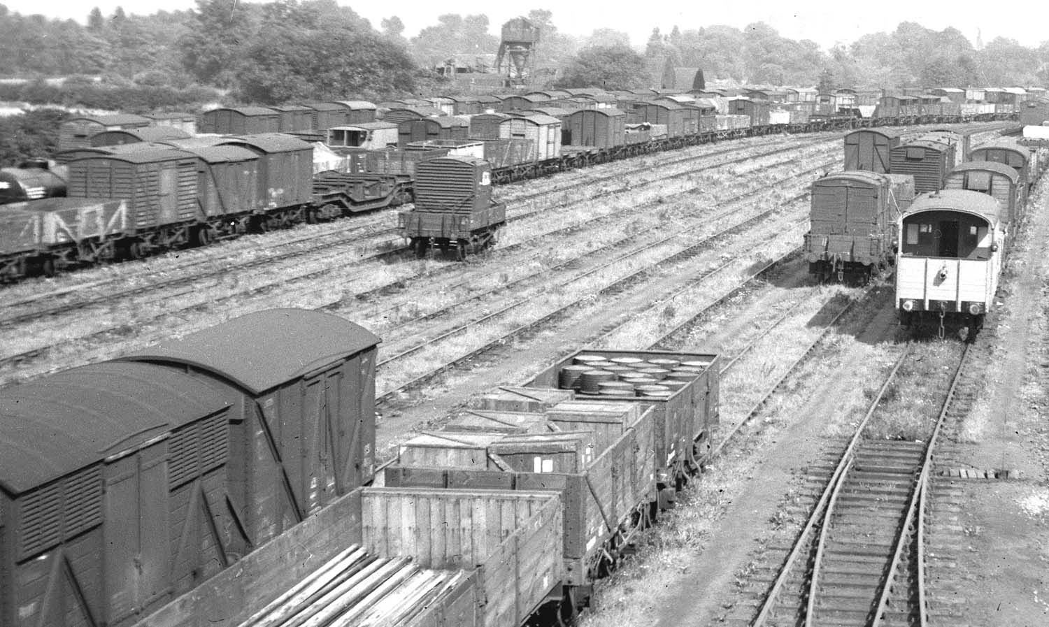 Close up showing a variety of wagons including open mineral wagons, vented vans, cattle wagons, guards vans and low loader wagons
