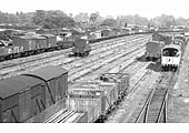 Close up showing a variety of wagons including open mineral wagons, vented vans, cattle wagons, guards vans and low loader wagons