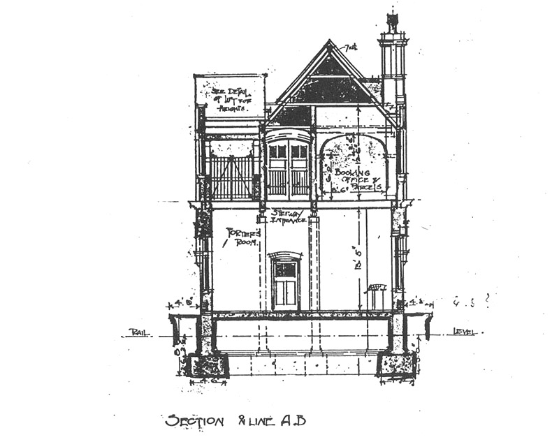 Sectional drawing showing the Porter's room, Booking Office and Parcels and stairway entrance