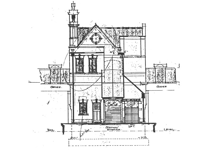 Sectional drawing showing the stairway from road level to the platform and the lift door at platform level