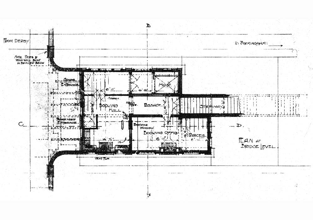 Plan of the goods entrance, passenger entrance, booking hall, booking office, hoist and stairway to platform
