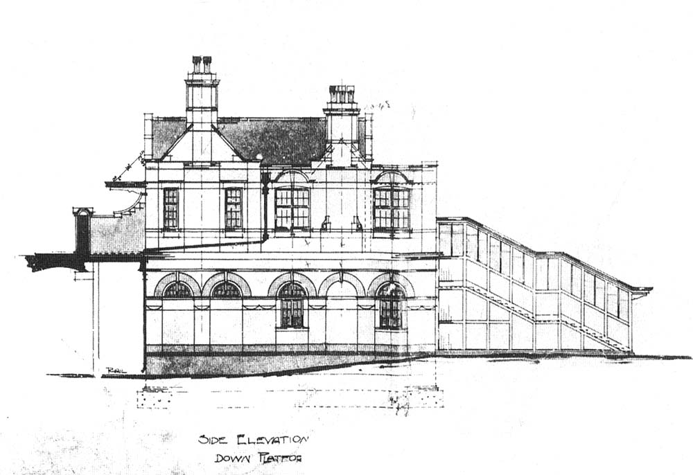 Sectional drawing of the down platform elevation of Water Orton station showing external features