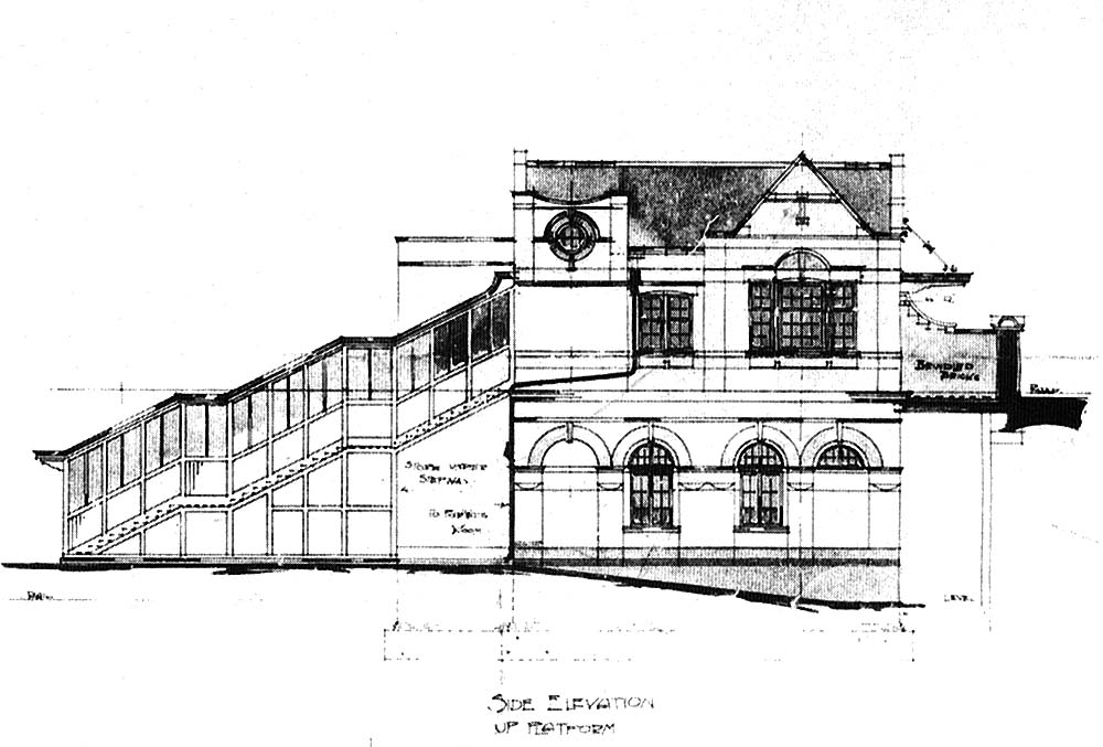 Sectional drawing of the up platform elevation of Water Orton station showing external features