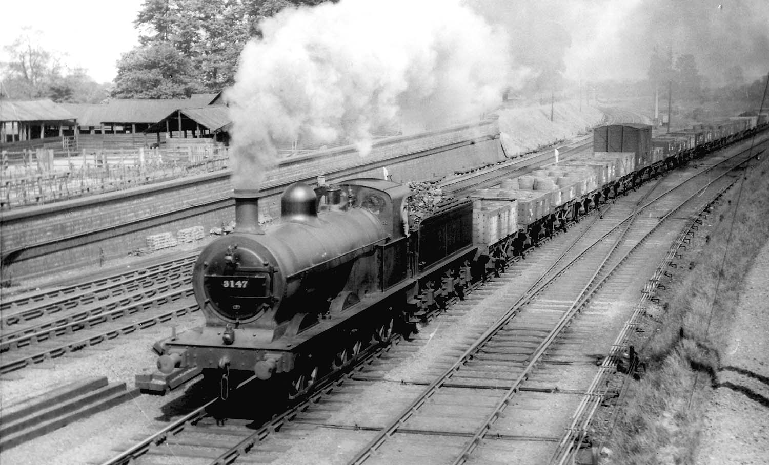 Ex-Midland Railway 0-6-0 3F No 3147 is seen at the head of a Class H freight service coming off the Leicester line