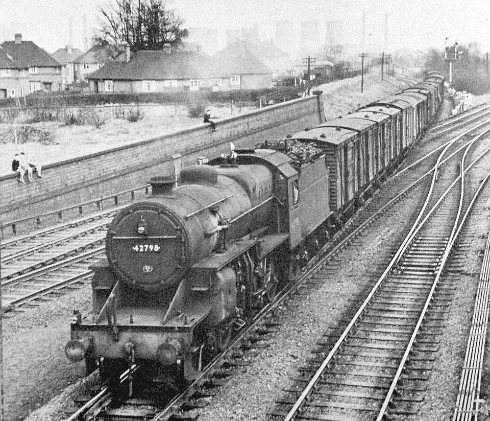 Ex-LMS 6P5F Horwich Crab' No 42798 comes off the Derby line with a Class D freight service in 1959